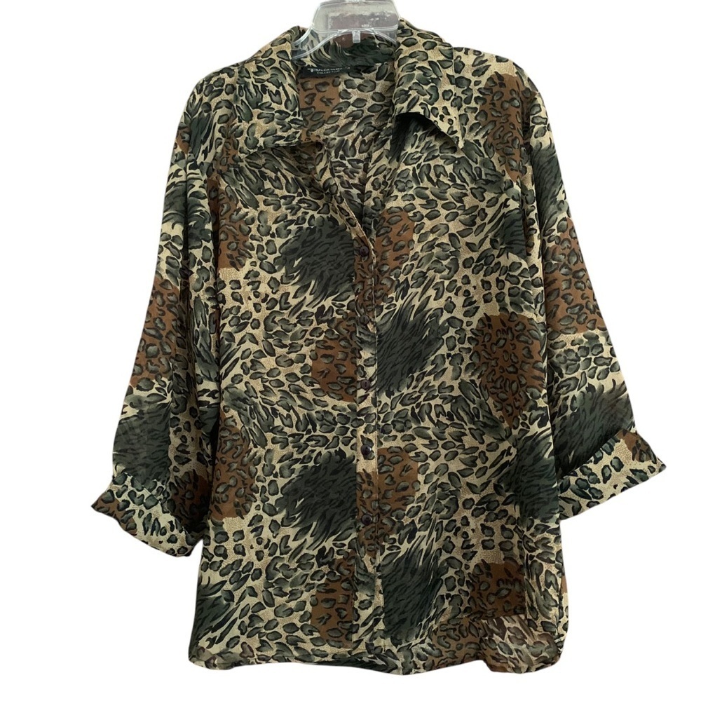 Plus Size Animal Print Blouse Olive Green Brown Sheer 3/4 Sleeve Sz 3X